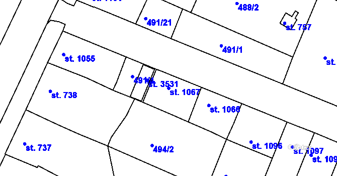 Parcela st. 1067 v KÚ Nový Bydžov, Katastrální mapa