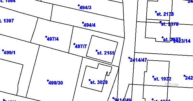 Parcela st. 2155 v KÚ Nový Bydžov, Katastrální mapa