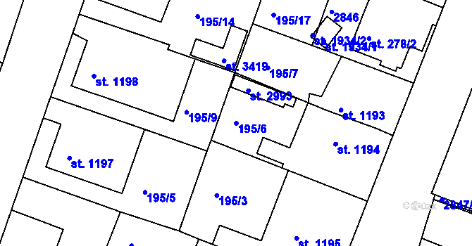 Parcela st. 195/6 v KÚ Nový Bydžov, Katastrální mapa