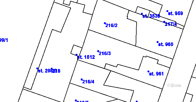 Parcela st. 216/3 v KÚ Nový Bydžov, Katastrální mapa