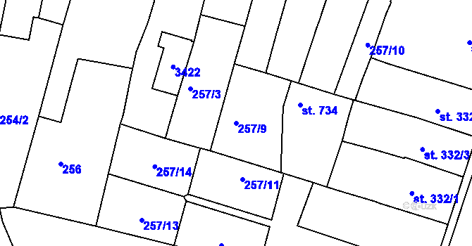 Parcela st. 257/9 v KÚ Nový Bydžov, Katastrální mapa