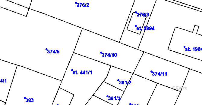 Parcela st. 374/10 v KÚ Nový Bydžov, Katastrální mapa