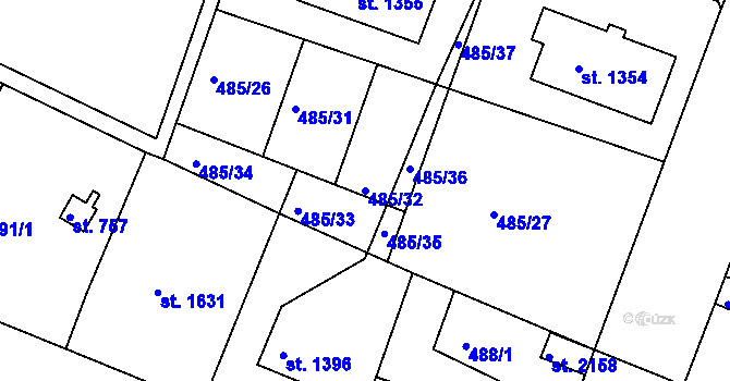 Parcela st. 485/32 v KÚ Nový Bydžov, Katastrální mapa