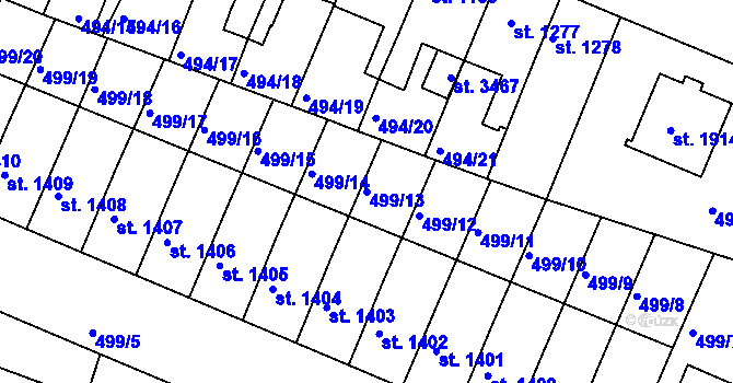 Parcela st. 499/13 v KÚ Nový Bydžov, Katastrální mapa