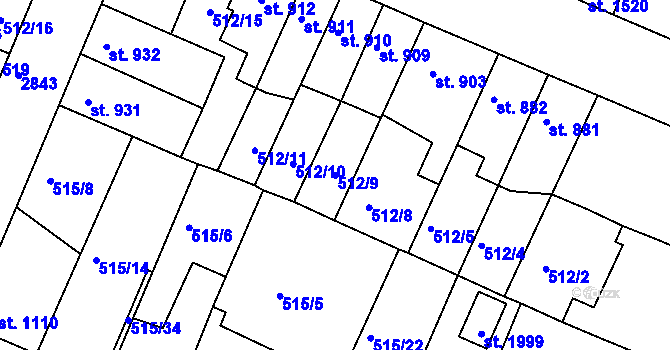 Parcela st. 512/9 v KÚ Nový Bydžov, Katastrální mapa