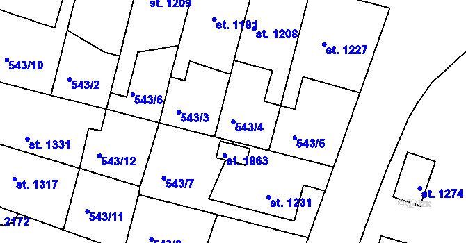 Parcela st. 543/4 v KÚ Nový Bydžov, Katastrální mapa