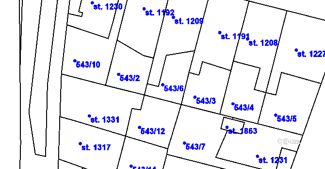 Parcela st. 543/6 v KÚ Nový Bydžov, Katastrální mapa