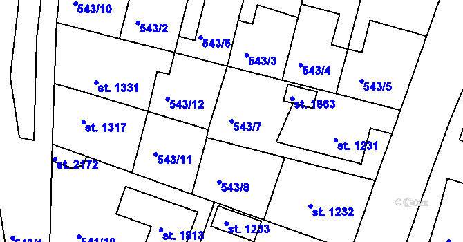 Parcela st. 543/7 v KÚ Nový Bydžov, Katastrální mapa