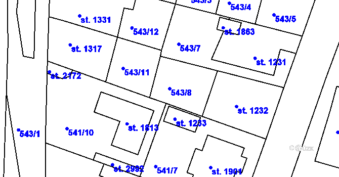 Parcela st. 543/8 v KÚ Nový Bydžov, Katastrální mapa