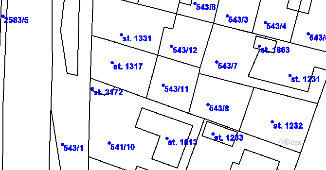 Parcela st. 543/11 v KÚ Nový Bydžov, Katastrální mapa