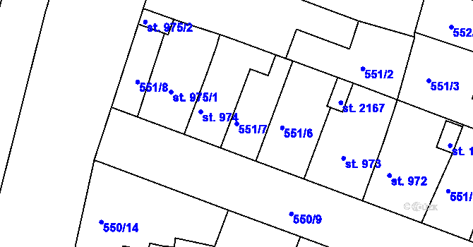 Parcela st. 551/7 v KÚ Nový Bydžov, Katastrální mapa