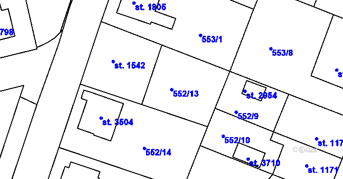 Parcela st. 552/13 v KÚ Nový Bydžov, Katastrální mapa