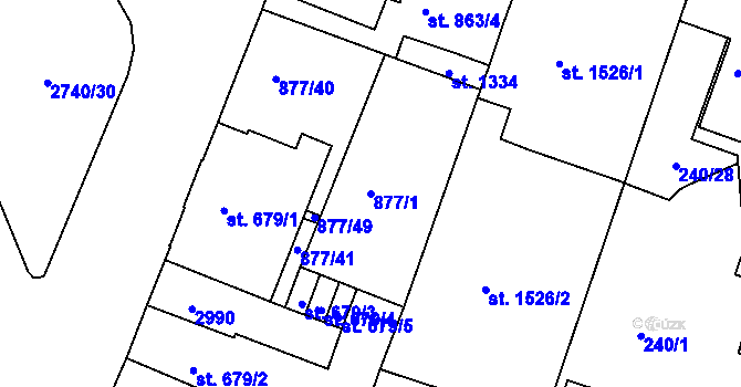 Parcela st. 877/1 v KÚ Nový Bydžov, Katastrální mapa