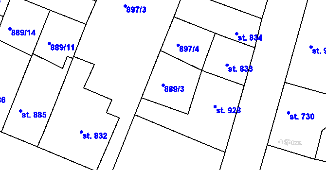 Parcela st. 889/3 v KÚ Nový Bydžov, Katastrální mapa