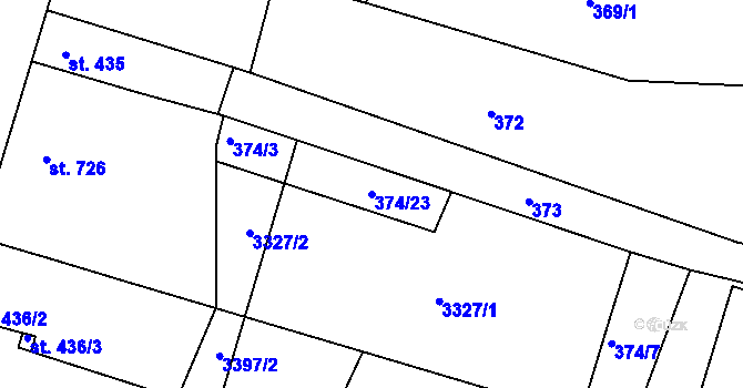 Parcela st. 374/23 v KÚ Nový Bydžov, Katastrální mapa