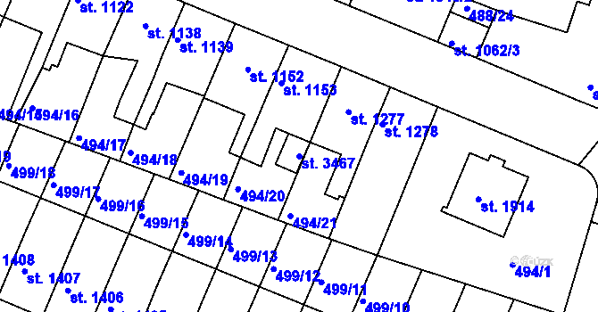 Parcela st. 3467 v KÚ Nový Bydžov, Katastrální mapa