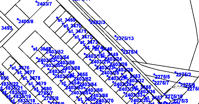 Parcela st. 3449 v KÚ Nový Bydžov, Katastrální mapa