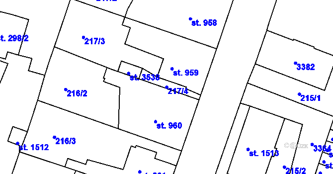 Parcela st. 217/4 v KÚ Nový Bydžov, Katastrální mapa