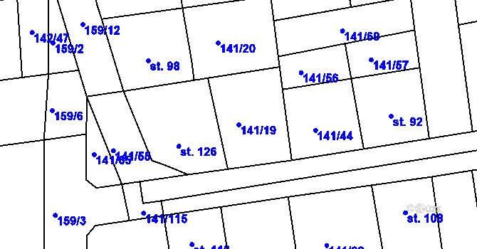 Parcela st. 141/19 v KÚ Nový Jáchymov, Katastrální mapa
