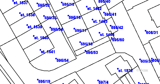 Parcela st. 595/18 v KÚ Nový Jičín-Horní Předměstí, Katastrální mapa