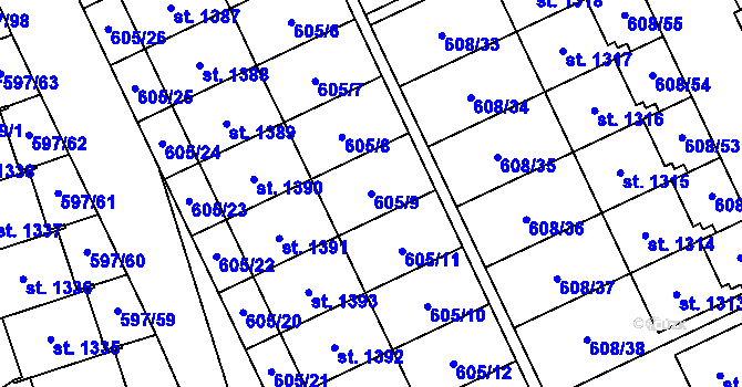 Parcela st. 605/9 v KÚ Nový Jičín-Horní Předměstí, Katastrální mapa