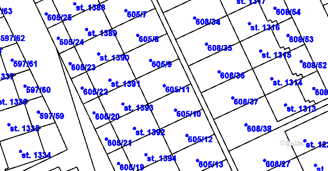 Parcela st. 605/11 v KÚ Nový Jičín-Horní Předměstí, Katastrální mapa