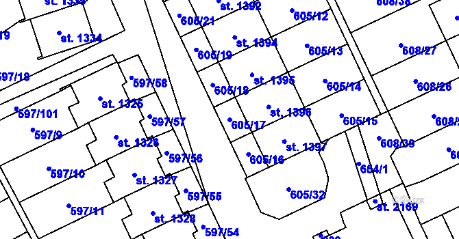 Parcela st. 605/17 v KÚ Nový Jičín-Horní Předměstí, Katastrální mapa