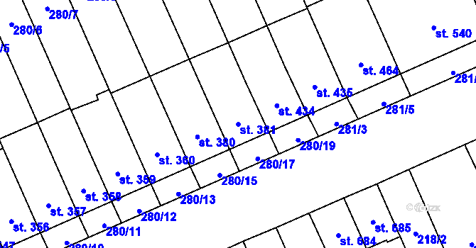 Parcela st. 381 v KÚ Nový Jičín-Dolní Předměstí, Katastrální mapa