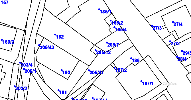 Parcela st. 205/42 v KÚ Sedlešovice, Katastrální mapa