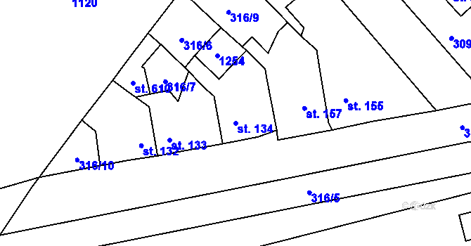 Parcela st. 134 v KÚ Nučice u Rudné, Katastrální mapa