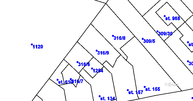 Parcela st. 316/9 v KÚ Nučice u Rudné, Katastrální mapa