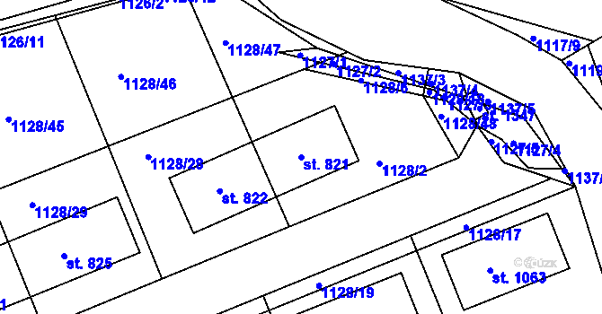 Parcela st. 821 v KÚ Nučice u Rudné, Katastrální mapa