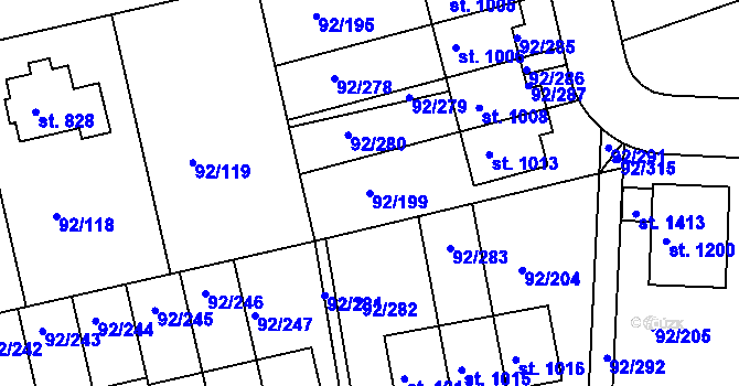 Parcela st. 92/199 v KÚ Nučice u Rudné, Katastrální mapa