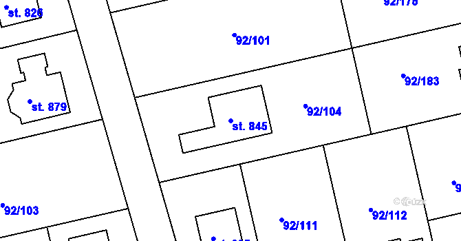 Parcela st. 845 v KÚ Nučice u Rudné, Katastrální mapa