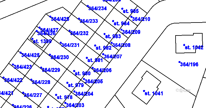 Parcela st. 364/207 v KÚ Nučice u Rudné, Katastrální mapa