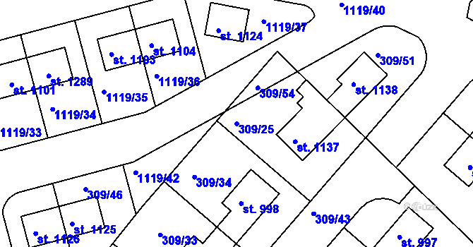 Parcela st. 309/25 v KÚ Nučice u Rudné, Katastrální mapa