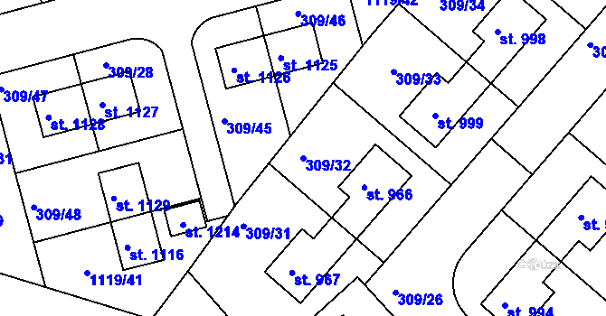 Parcela st. 309/32 v KÚ Nučice u Rudné, Katastrální mapa