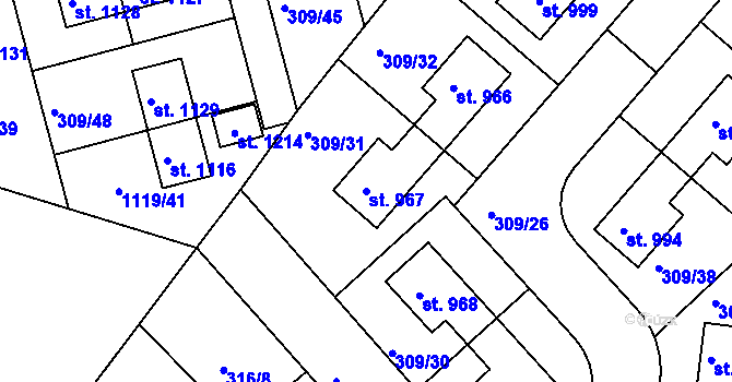 Parcela st. 967 v KÚ Nučice u Rudné, Katastrální mapa