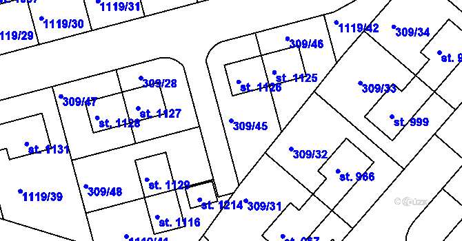 Parcela st. 309/45 v KÚ Nučice u Rudné, Katastrální mapa