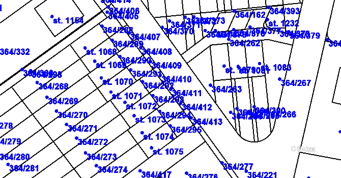 Parcela st. 364/411 v KÚ Nučice u Rudné, Katastrální mapa