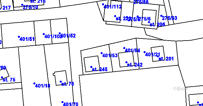 Parcela st. 401/53 v KÚ Nuzice, Katastrální mapa
