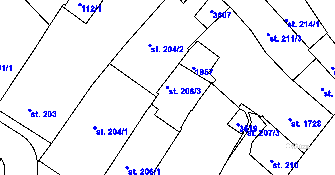 Parcela st. 206/3 v KÚ Nymburk, Katastrální mapa