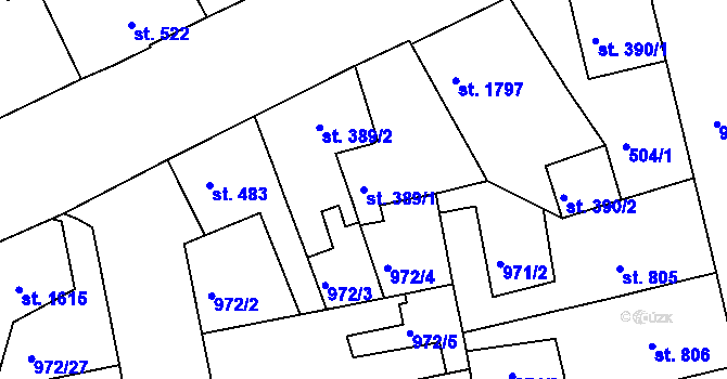 Parcela st. 389/1 v KÚ Nymburk, Katastrální mapa