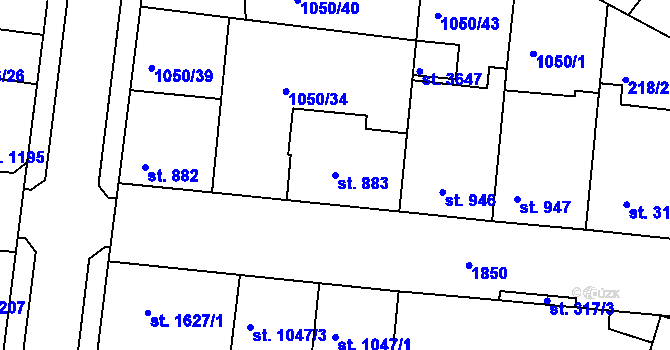Parcela st. 883 v KÚ Nymburk, Katastrální mapa