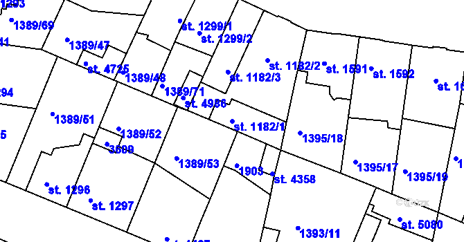 Parcela st. 1182/1 v KÚ Nymburk, Katastrální mapa