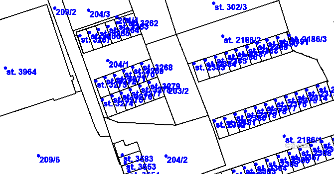 Parcela st. 203/2 v KÚ Nymburk, Katastrální mapa