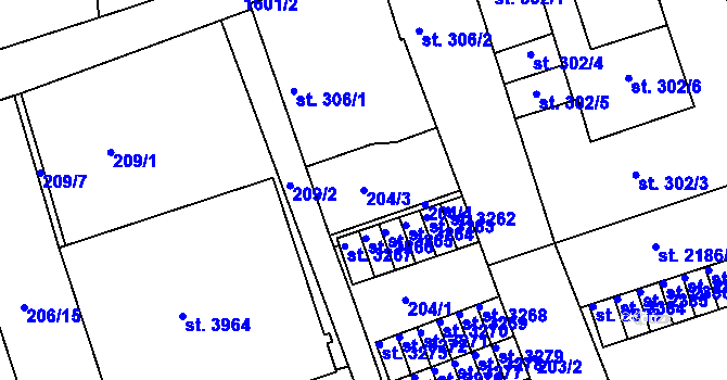 Parcela st. 204/3 v KÚ Nymburk, Katastrální mapa