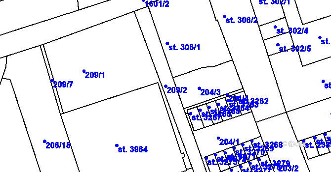 Parcela st. 209/2 v KÚ Nymburk, Katastrální mapa
