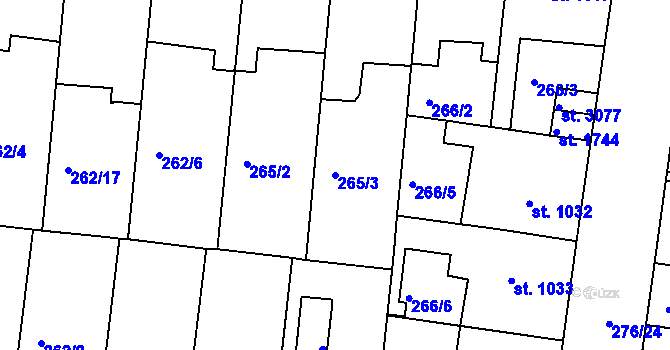 Parcela st. 265/3 v KÚ Nymburk, Katastrální mapa