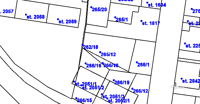 Parcela st. 265/12 v KÚ Nymburk, Katastrální mapa